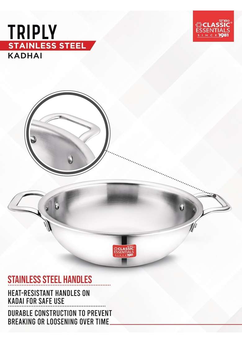 CLASSIC ESSENTIALS Triply Stainless Steel Kadai Wok | 2.5 L | 2.6 Qt | 24 cm | 9.4 Inch | Induction Compatible | Non-Toxic | Non-Stick - Indya