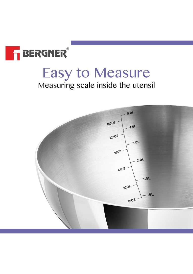 BERGNER BE Essentials Tri-Ply Stainless Steel | 5 L | 5.3 Qt | 30 cm | 11.8 Inch | Induction Compatible - Indya