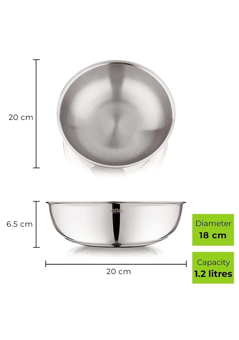 Allo Triply Stainless Steel Tasla Deep Pan | 1.2 L | 1.3 Qt | 18 cm | 7.1 Inch | Induction Compatible | Heavy Bottom | Non-Stick - Indya