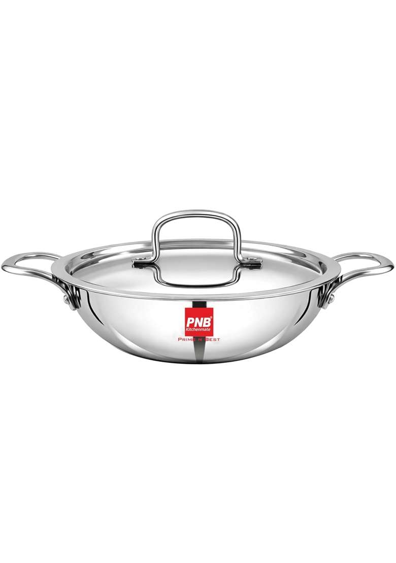 PNB Kitchenmate Triply Stainless Steel Extra Deep Kadhai Wok | 1.7 L | 1.8 Qt | 20 cm | 7.9 Inch | Induction Compatible | Heavy Bottom - Indya
