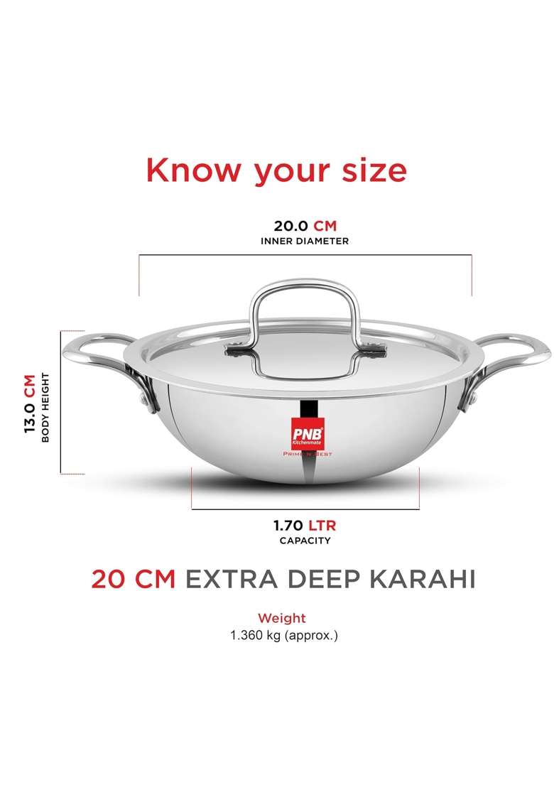 PNB Kitchenmate Triply Stainless Steel Extra Deep Kadhai Wok | 1.7 L | 1.8 Qt | 20 cm | 7.9 Inch | Induction Compatible | Heavy Bottom - Indya