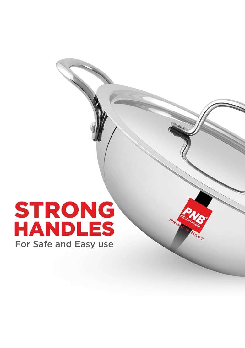 PNB Kitchenmate Triply Stainless Steel Extra Deep Kadhai Wok | 1.7 L | 1.8 Qt | 20 cm | 7.9 Inch | Induction Compatible | Heavy Bottom - Indya