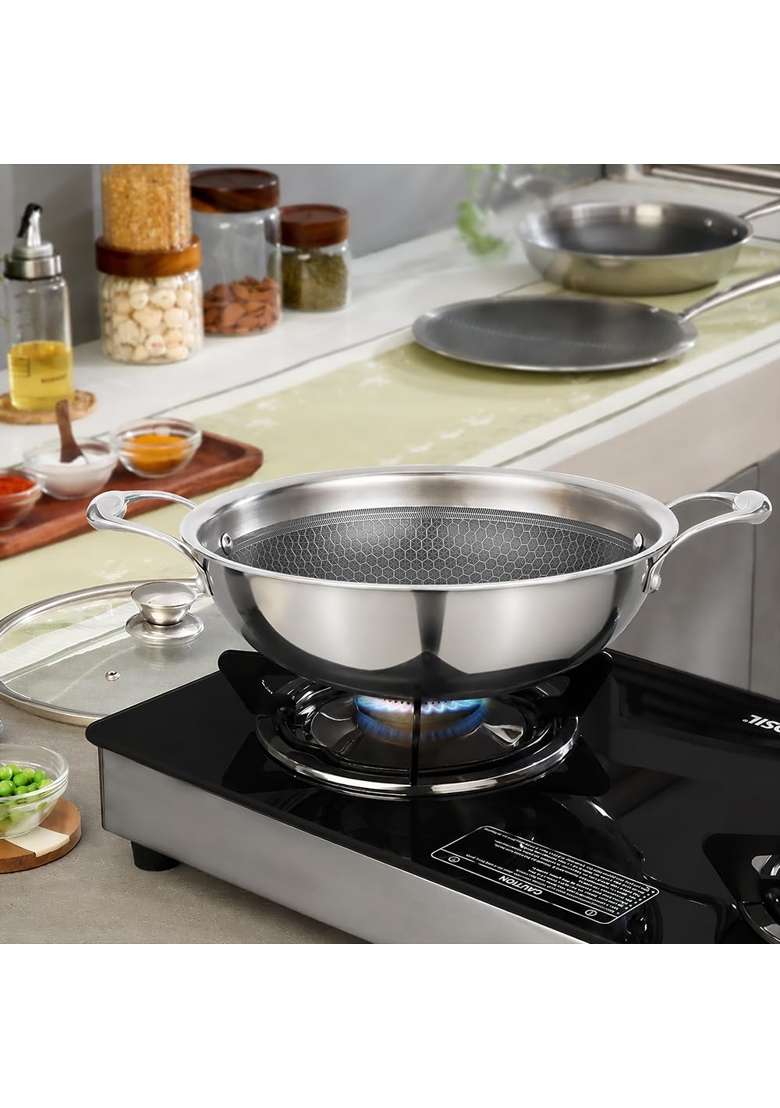 Borosil Triply Honeycomb Kadai with Stainless Steel Lid | 1.5 L | 1.6 Qt | 20 cm | 7.9 Inch | Induction Compatible | Dishwasher Safe - Indya