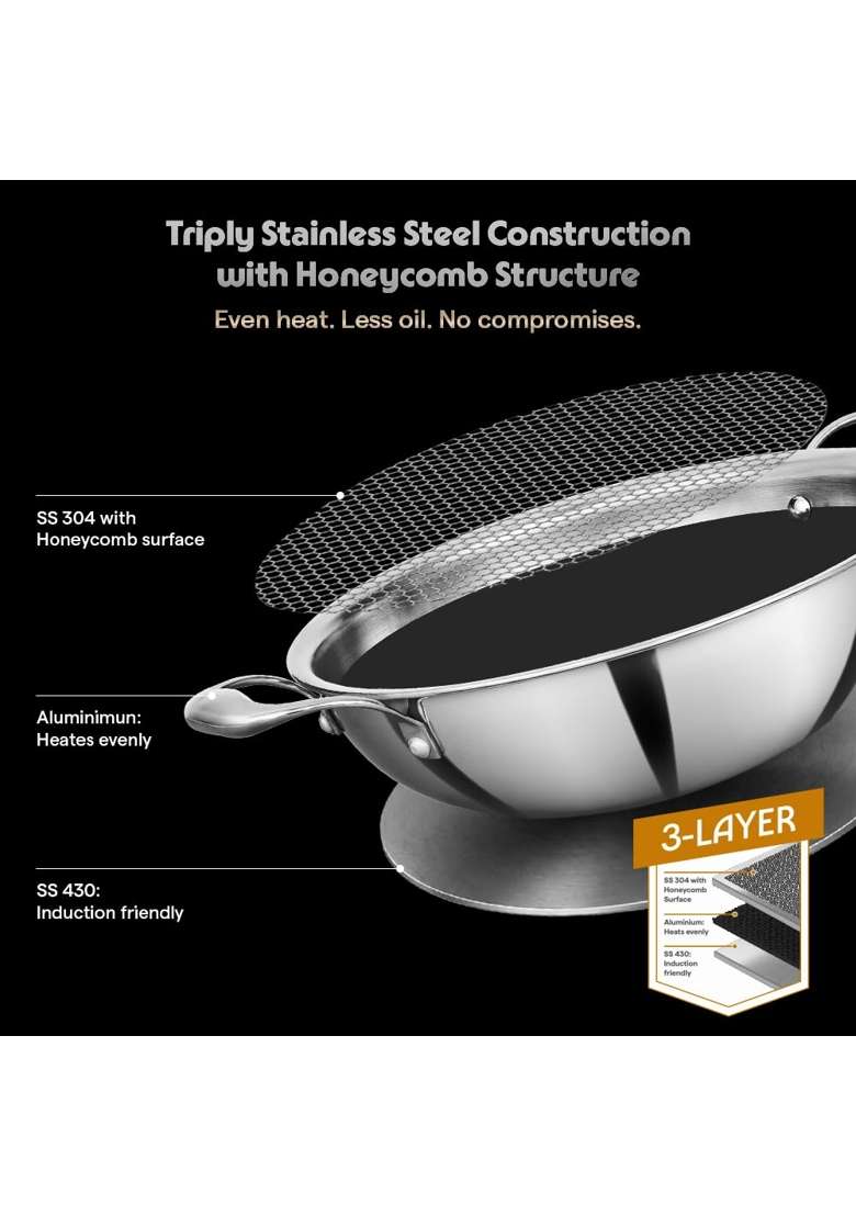 Borosil Triply Honeycomb Kadai with Stainless Steel Lid | 1.5 L | 1.6 Qt | 20 cm | 7.9 Inch | Induction Compatible | Dishwasher Safe - Indya