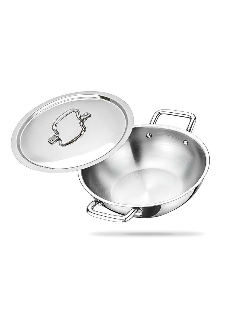 ZENSIL Lumora Triply Stainless Steel Kadhai Wok with Lid | 1.6 L | 1.7 Qt | 20 cm | 7.9 Inch | Induction Compatible | Heavy Bottom - Indya