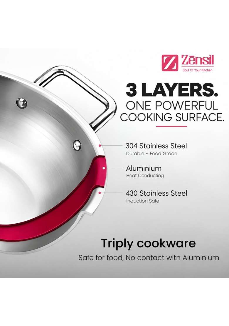 ZENSIL Lumora Triply Stainless Steel Kadhai Wok with Lid | 1.6 L | 1.7 Qt | 20 cm | 7.9 Inch | Induction Compatible | Heavy Bottom - Indya