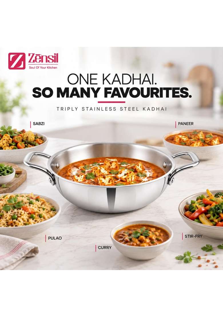 ZENSIL Lumora Triply Stainless Steel Kadhai Wok with Lid | 1.6 L | 1.7 Qt | 20 cm | 7.9 Inch | Induction Compatible | Heavy Bottom - Indya