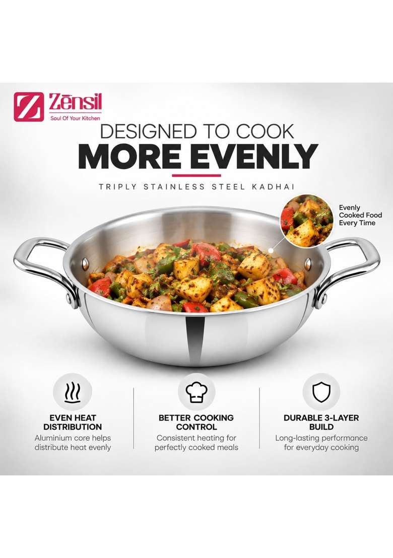 ZENSIL Lumora Triply Stainless Steel Kadhai Wok with Lid | 1.6 L | 1.7 Qt | 20 cm | 7.9 Inch | Induction Compatible | Heavy Bottom - Indya