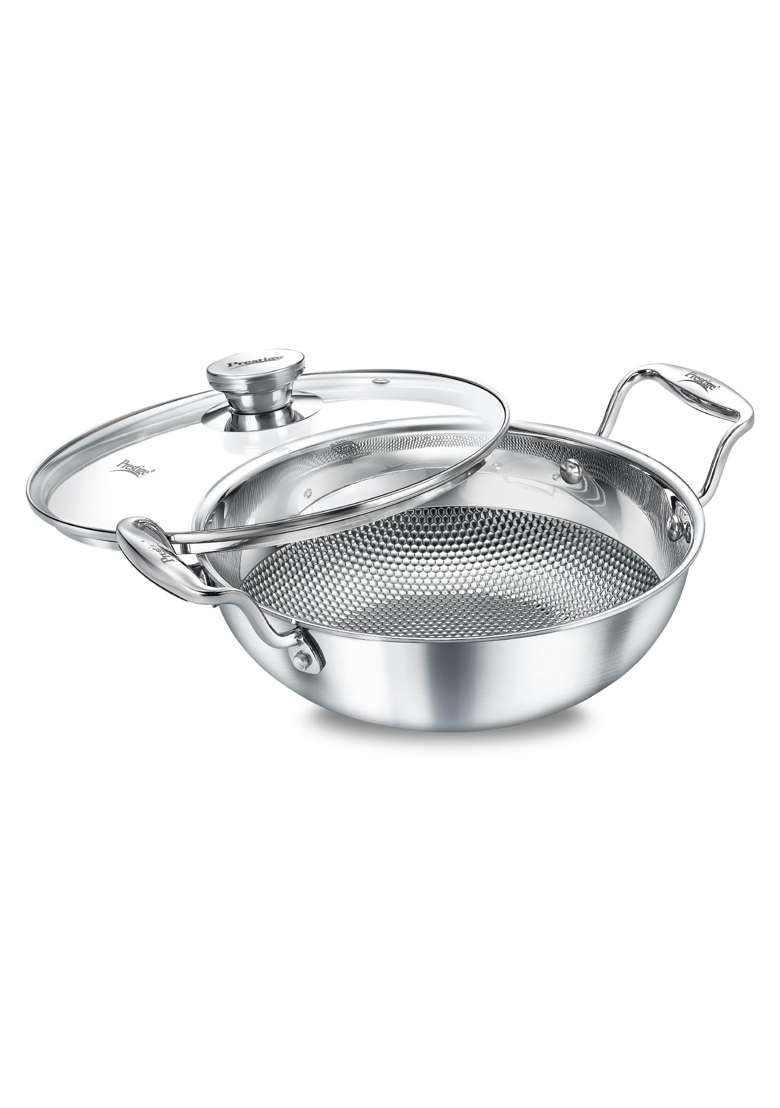 Prestige Tri-Ply Designer Stainless Steel Cookware Kadai Wok | 1.6 L | 1.7 Qt | 20 cm | 7.9 Inch | With Lid - Indya