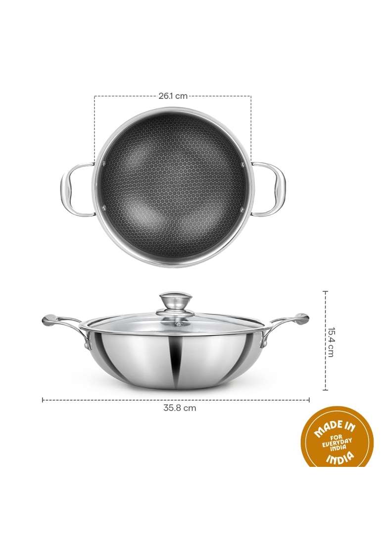 Borosil Triply Honeycomb Kadai with Stainless Steel Lid | 2.5 L | 2.6 Qt | 24 cm | 9.4 Inch | Induction Compatible | Dishwasher Safe - Indya