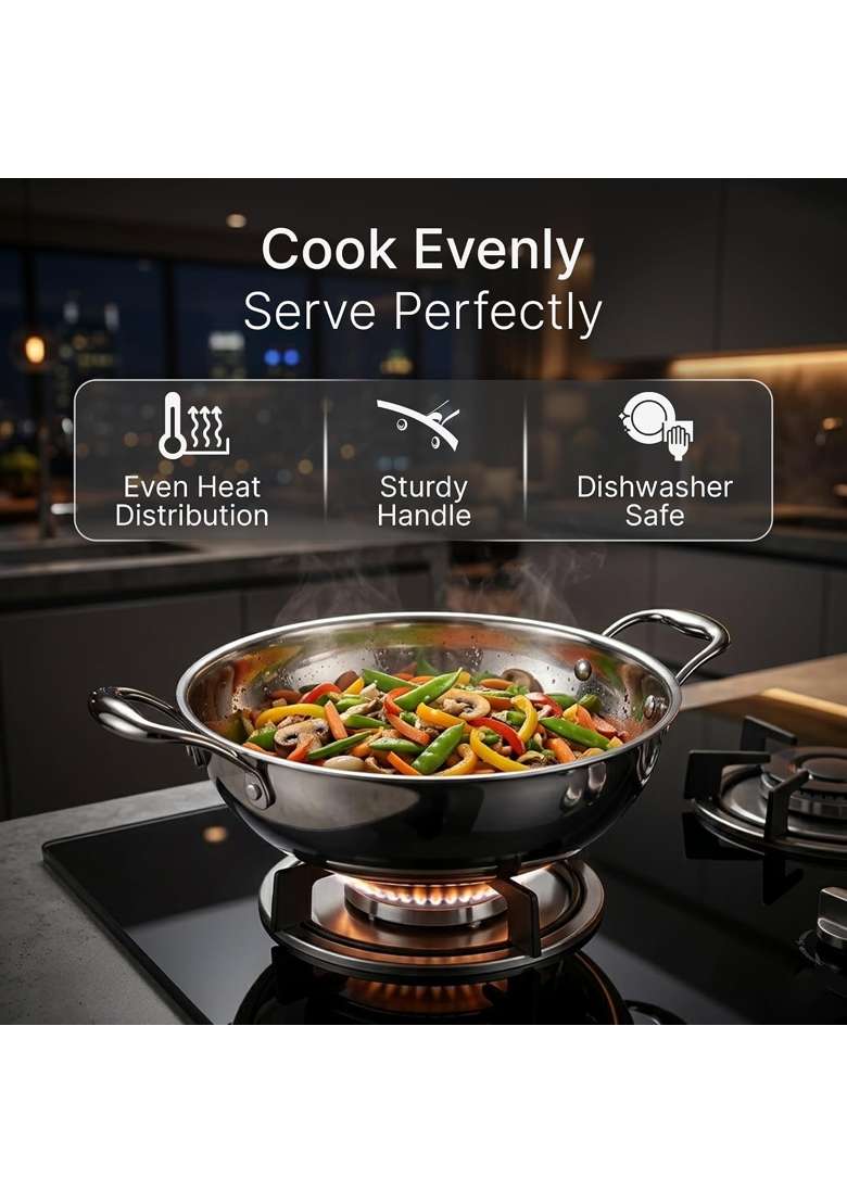 AGARO Regency Triply Stainless Steel Kadai Wok with Lid | 4 L | 4.2 Qt | 28 cm | 11 Inch | Induction Compatible | Dishwasher Safe | Non-Toxic - Indya