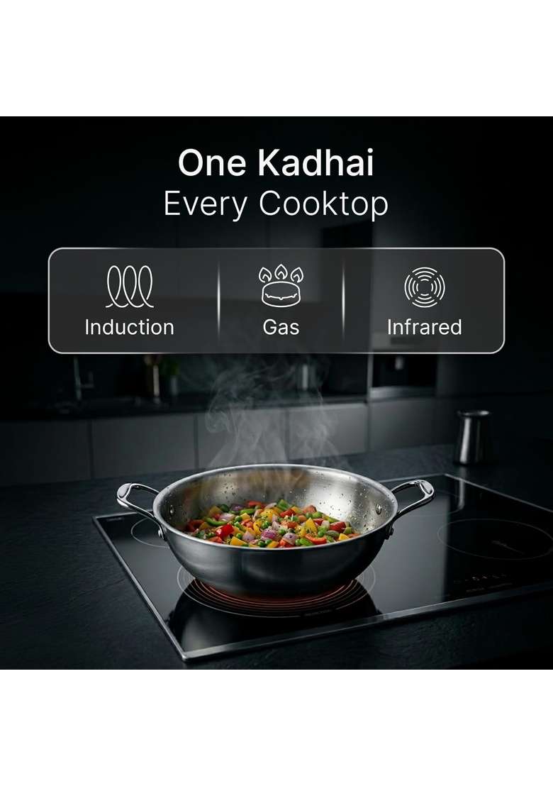AGARO Regency Triply Stainless Steel Kadai Wok with Lid | 4 L | 4.2 Qt | 28 cm | 11 Inch | Induction Compatible | Dishwasher Safe | Non-Toxic - Indya