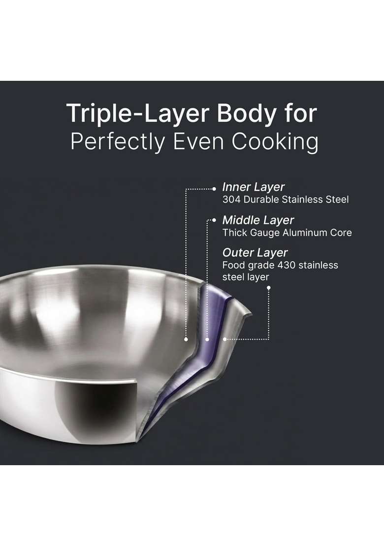 AGARO Regency Triply Stainless Steel Kadai Wok with Lid | 4 L | 4.2 Qt | 28 cm | 11 Inch | Induction Compatible | Dishwasher Safe | Non-Toxic - Indya