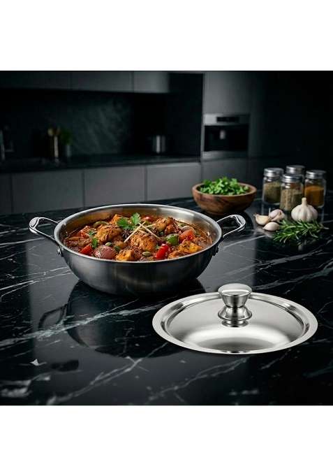 AGARO Regency Triply Stainless Steel Kadai Wok with Lid | 4 L | 4.2 Qt | 28 cm | 11 Inch | Induction Compatible | Dishwasher Safe | Non-Toxic