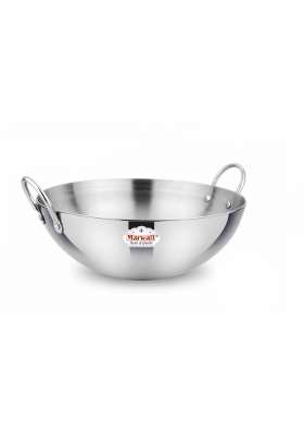 MARWALL Stainless Steel Triply Capsule Round Bottom Kadhai Wok with Handles | 2.5 L | 2.6 Qt | 24.5 cm | 9.6 Inch
