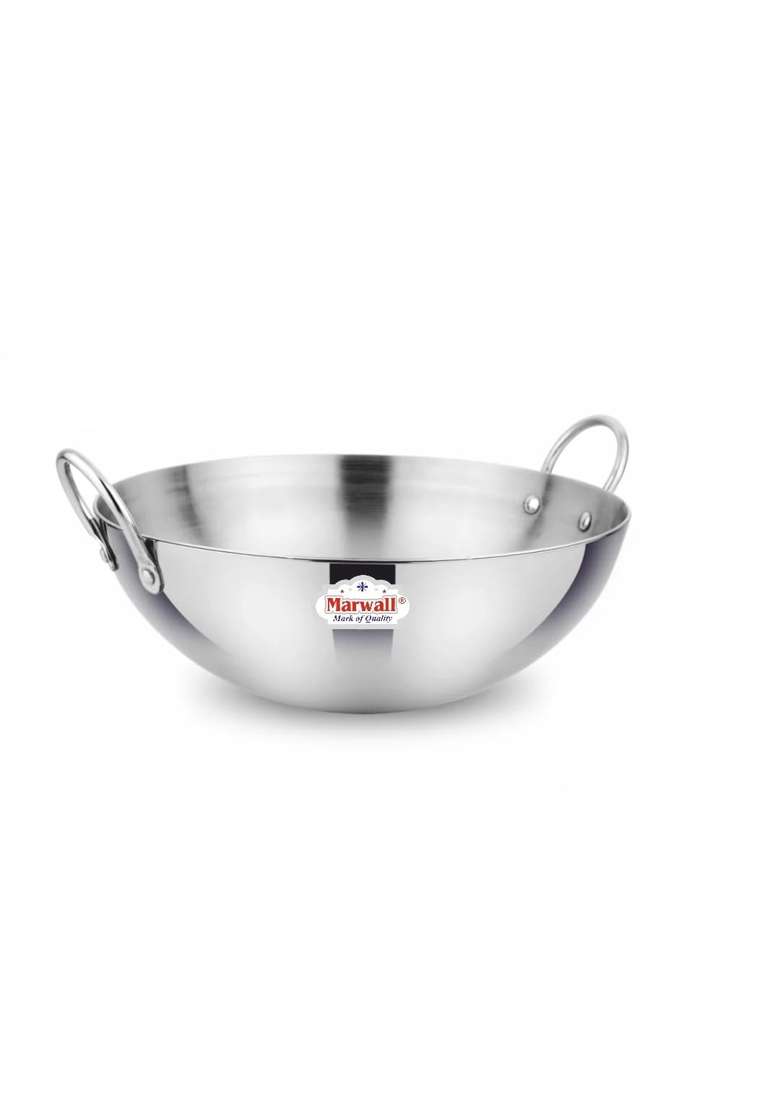 MARWALL Stainless Steel Triply Capsule Round Bottom Kadhai Wok with Handles | 2.5 L | 2.6 Qt | 24.5 cm | 9.6 Inch - Indya