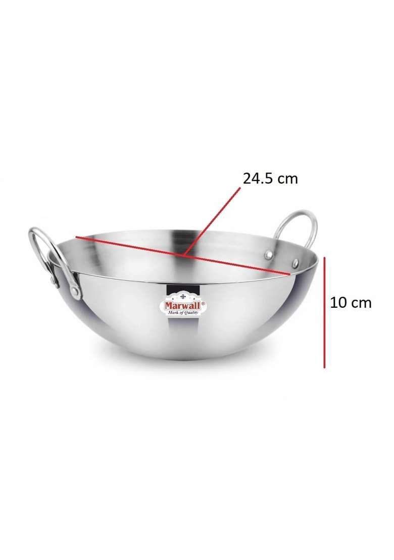 MARWALL Stainless Steel Triply Capsule Round Bottom Kadhai Wok with Handles | 2.5 L | 2.6 Qt | 24.5 cm | 9.6 Inch - Indya