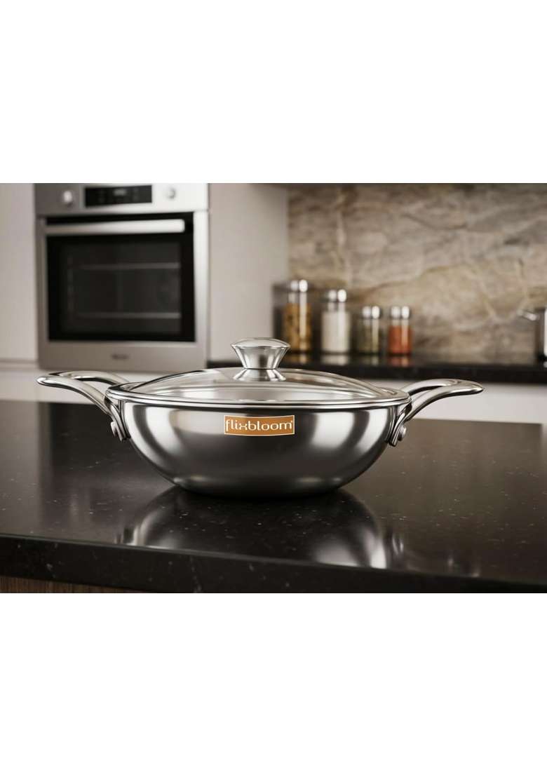 FLIXBLOOM Platinum Triply Thick Guage Stainless Steel Induction Base LPG Friendly Food | 2.5 L | 2.6 Qt | Non-Stick | With Lid | Food Safe - Indya