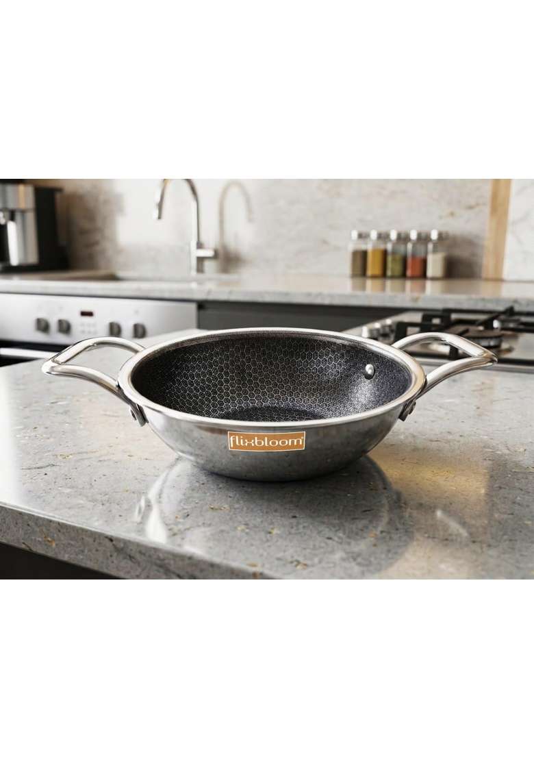 FLIXBLOOM Platinum Triply Thick Guage Stainless Steel Induction Base LPG Friendly Food | 2.5 L | 2.6 Qt | Non-Stick | With Lid | Food Safe - Indya