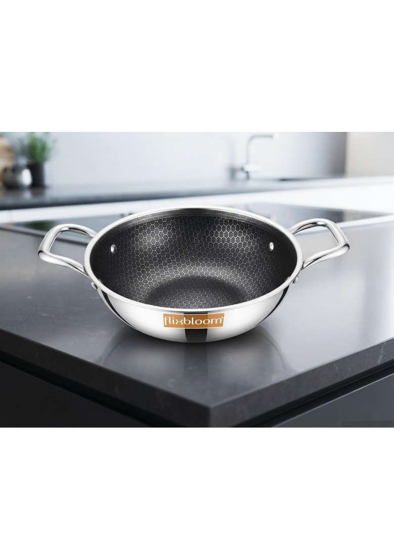 FLIXBLOOM Platinum Triply Thick Guage Stainless Steel Induction Base LPG Friendly Food | 2.5 L | 2.6 Qt | Non-Stick | With Lid | Food Safe - Indya