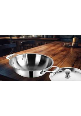 FLIXBLOOM Regal Stainless Steel Triply Thick Induction Base Kitchen Cookware Kadai Wok | 1.5 L | 1.6 Qt | With Lid | Food Safe