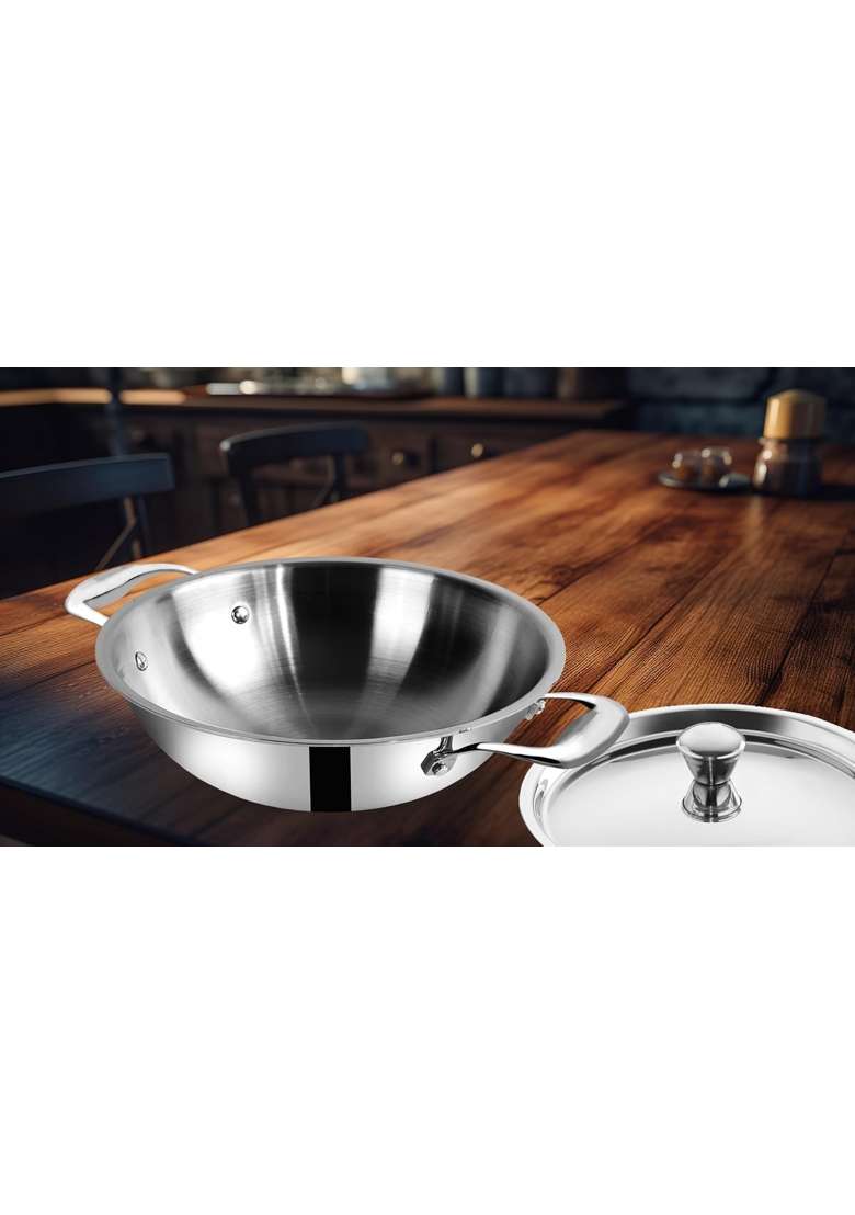 FLIXBLOOM Regal Stainless Steel Triply Thick Induction Base Kitchen Cookware Kadai Wok | 3.5 L | 3.7 Qt | With Lid | Food Safe - Indya