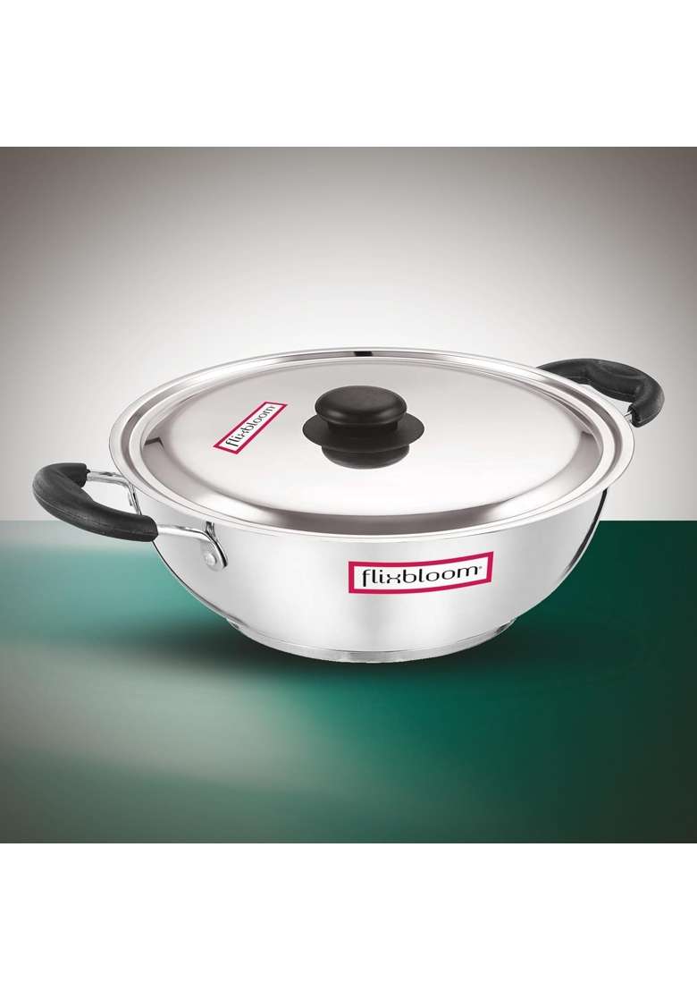FLIXBLOOM Edge Stainless Steel Kadai Induction Bottom | 1.5 L | 1.6 Qt | Tri-Ply | With Lid - Indya