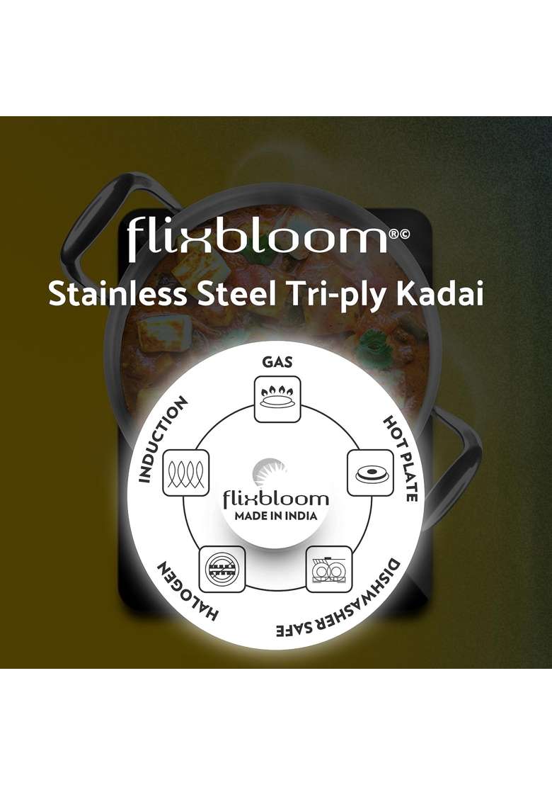 FLIXBLOOM Popular Stainless Steel Induction Base Cookware Set Kadai Wok for Kitchen Perfect | 2.5 L | 2.6 Qt | Tri-Ply - Indya