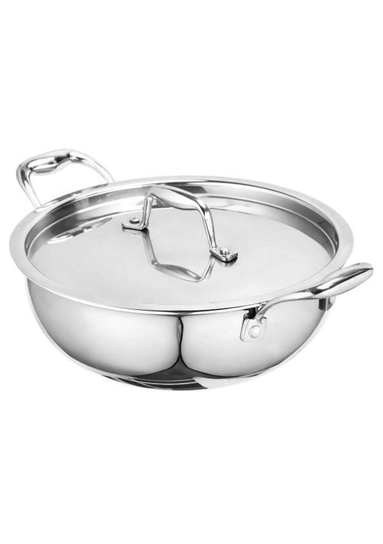 SIGNORA WARE Artista Tri-Ply Stainless Steel Induction Compatible Extra Deep Triply Kadhai Wok | 3.5 L | 3.7 Qt | 24 cm | 9.4 Inch | With Lid - Indya