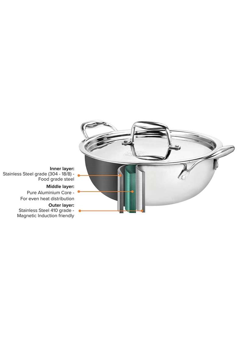 SIGNORA WARE Artista Tri-Ply Stainless Steel Induction Compatible Extra Deep Triply Kadhai Wok | 3.5 L | 3.7 Qt | 24 cm | 9.4 Inch | With Lid - Indya