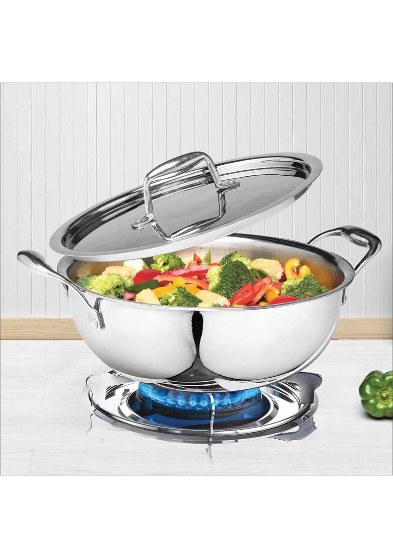 SIGNORA WARE Artista Tri-Ply Stainless Steel Induction Compatible Extra Deep Triply Kadhai Wok | 3.5 L | 3.7 Qt | 24 cm | 9.4 Inch | With Lid - Indya