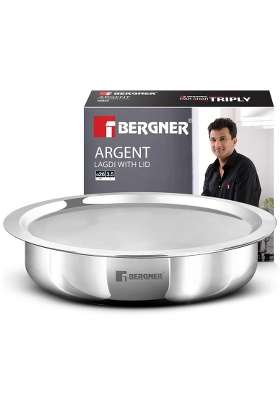 BERGNER Argent Triply Lagdi with Stainless Steel Lid | 3.5 L | 3.7 Qt | 26 cm | 10.2 Inch | Induction Compatible | Food Safe