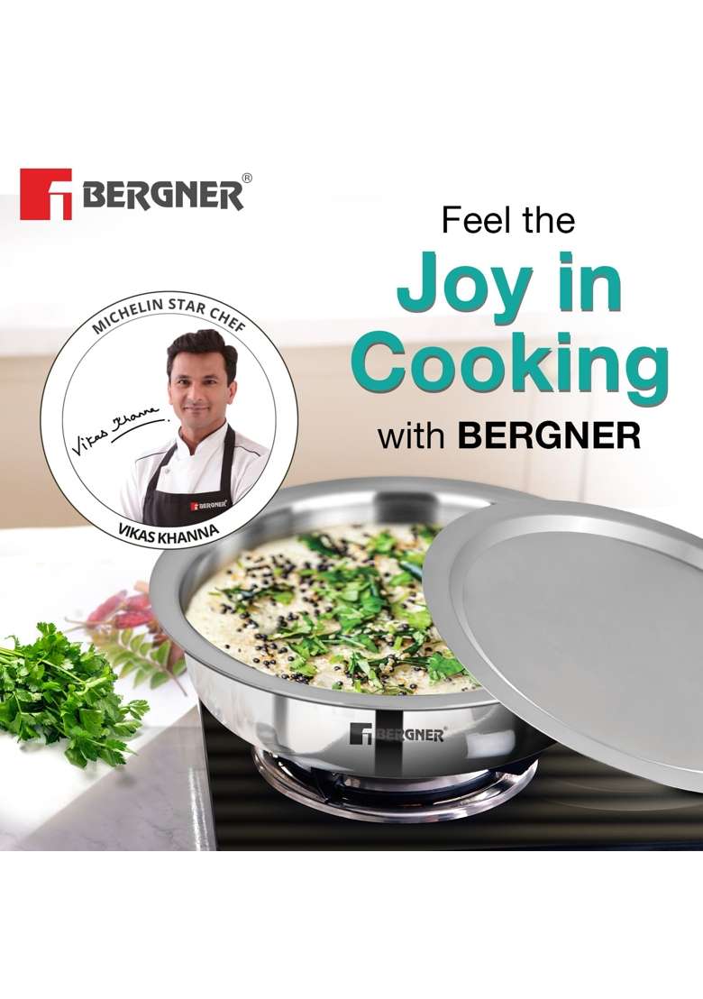 BERGNER Argent Triply Lagdi with Stainless Steel Lid | 3.5 L | 3.7 Qt | 26 cm | 10.2 Inch | Induction Compatible | Food Safe - Indya