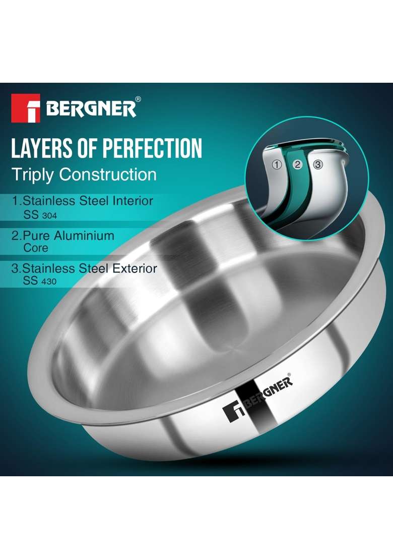 BERGNER Argent Triply Lagdi with Stainless Steel Lid | 3.5 L | 3.7 Qt | 26 cm | 10.2 Inch | Induction Compatible | Food Safe - Indya