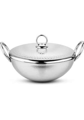 Prabha Parbha Kadhai Wok Stainless Steel with Lid | 1 L | 1.1 Qt | 17 cm | 6.7 Inch | Hammered Finish