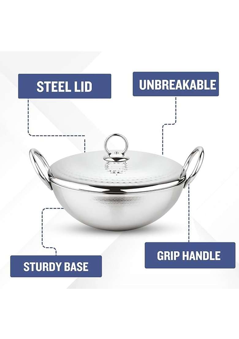 Prabha Parbha Kadhai Wok Stainless Steel with Lid | 1 L | 1.1 Qt | 17 cm | 6.7 Inch | Hammered Finish - Indya
