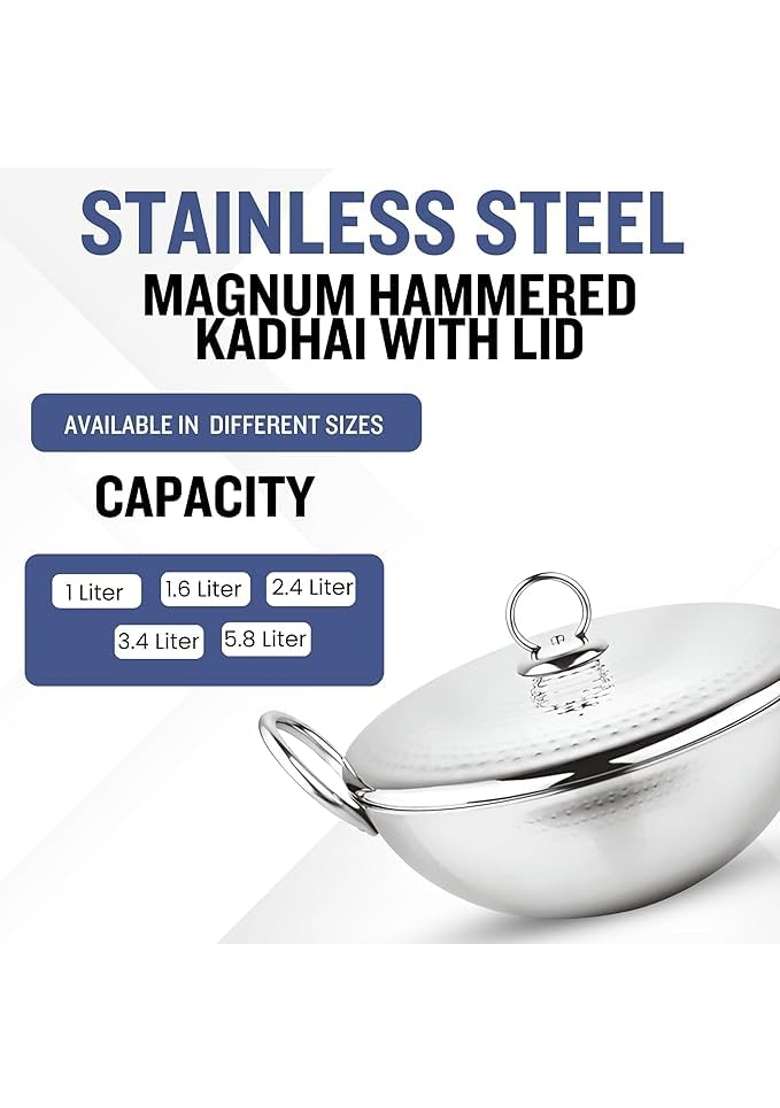 Prabha Parbha Kadhai Wok Stainless Steel with Lid | 1 L | 1.1 Qt | 17 cm | 6.7 Inch | Hammered Finish - Indya