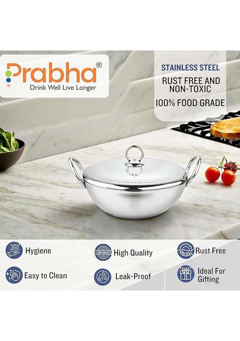Prabha Parbha Kadhai Wok Stainless Steel with Lid | 1 L | 1.1 Qt | 17 cm | 6.7 Inch | Hammered Finish - Indya