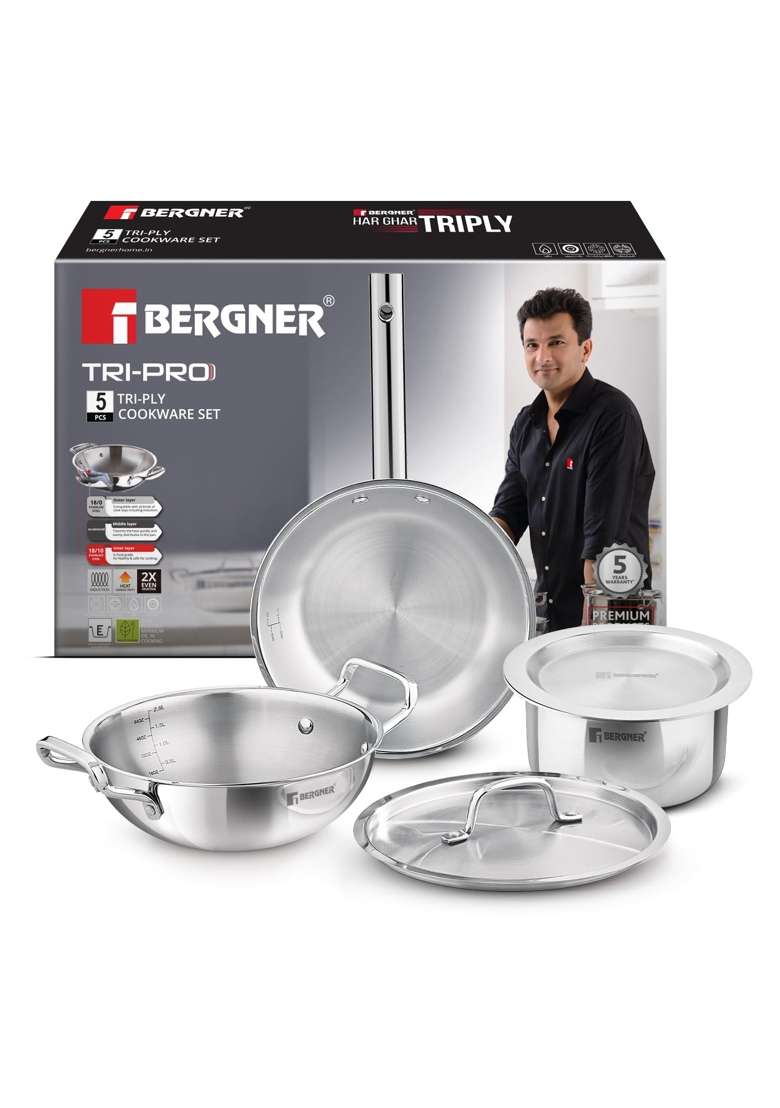 BERGNER Tripro Triply Stainless Steel Cook Serve N Keep Cookware Set | 3 L | 3.2 Qt | 24 cm | 9.4 Inch | 5-Piece Set | Induction Compatible | With Lid - Indya