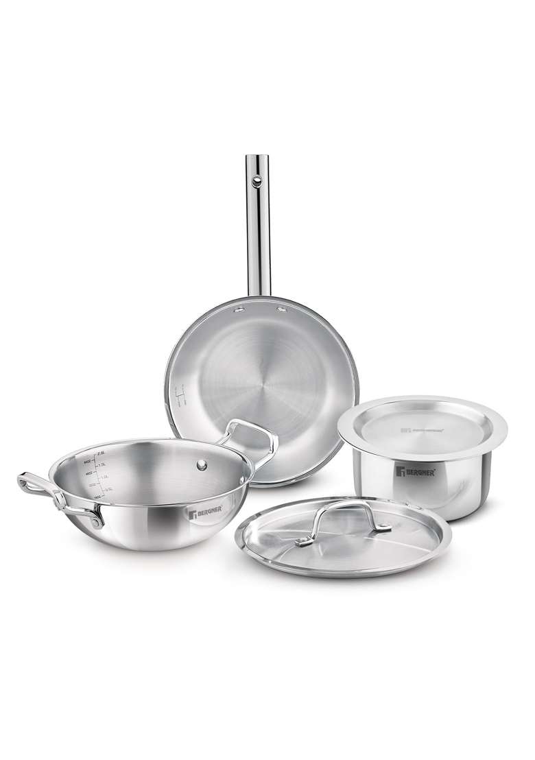 BERGNER Tripro Triply Stainless Steel Cook Serve N Keep Cookware Set | 3 L | 3.2 Qt | 24 cm | 9.4 Inch | 5-Piece Set | Induction Compatible | With Lid - Indya
