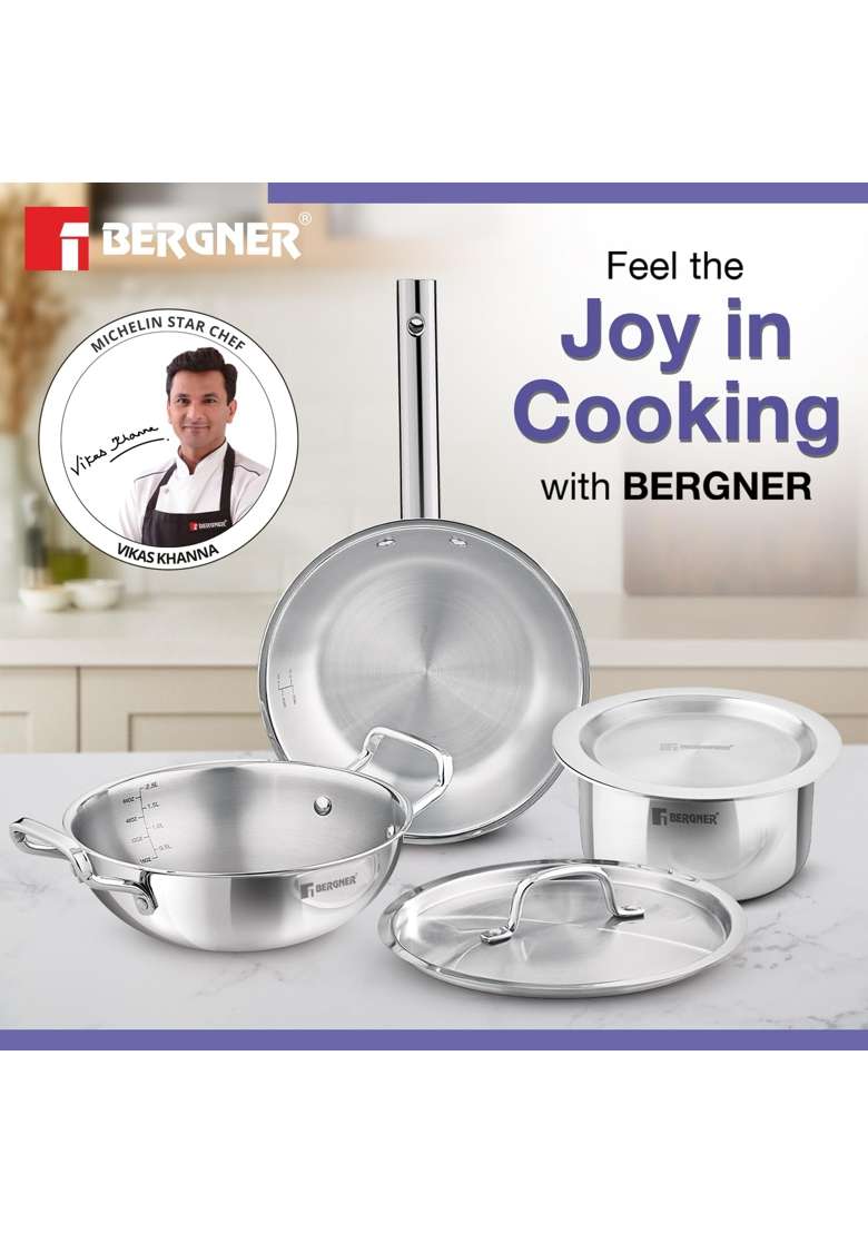 BERGNER Tripro Triply Stainless Steel Cook Serve N Keep Cookware Set | 3 L | 3.2 Qt | 24 cm | 9.4 Inch | 5-Piece Set | Induction Compatible | With Lid - Indya