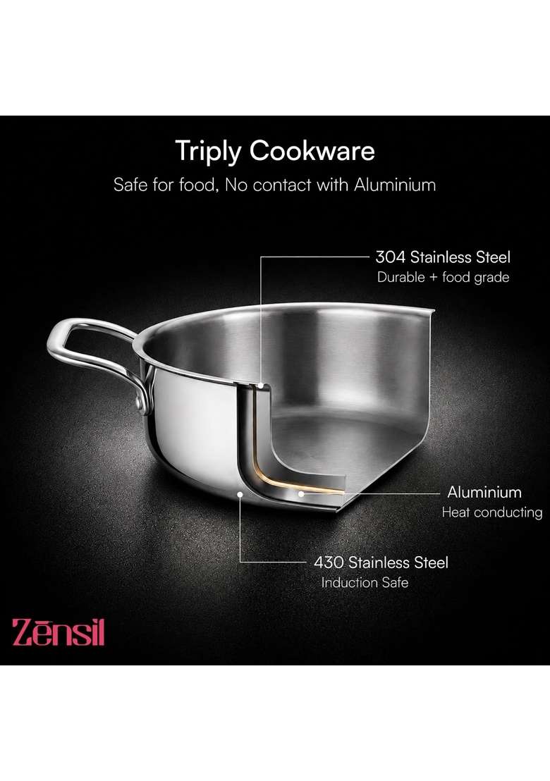 ZENSIL Lumora Triply Stainless Steel Jalebi Kadhai Wok | 3.5 L | 3.7 Qt | 28 cm | 11 Inch | Induction Compatible | Heavy Bottom | With Lid - Indya