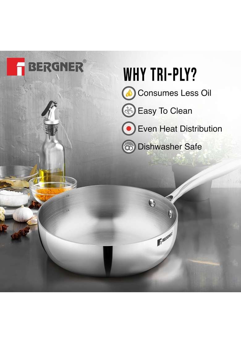 BERGNER Argent Saira Triply Stainless Steel | 1.5 L | 1.6 Qt | 18 cm | 7.1 Inch | Induction Compatible - Indya