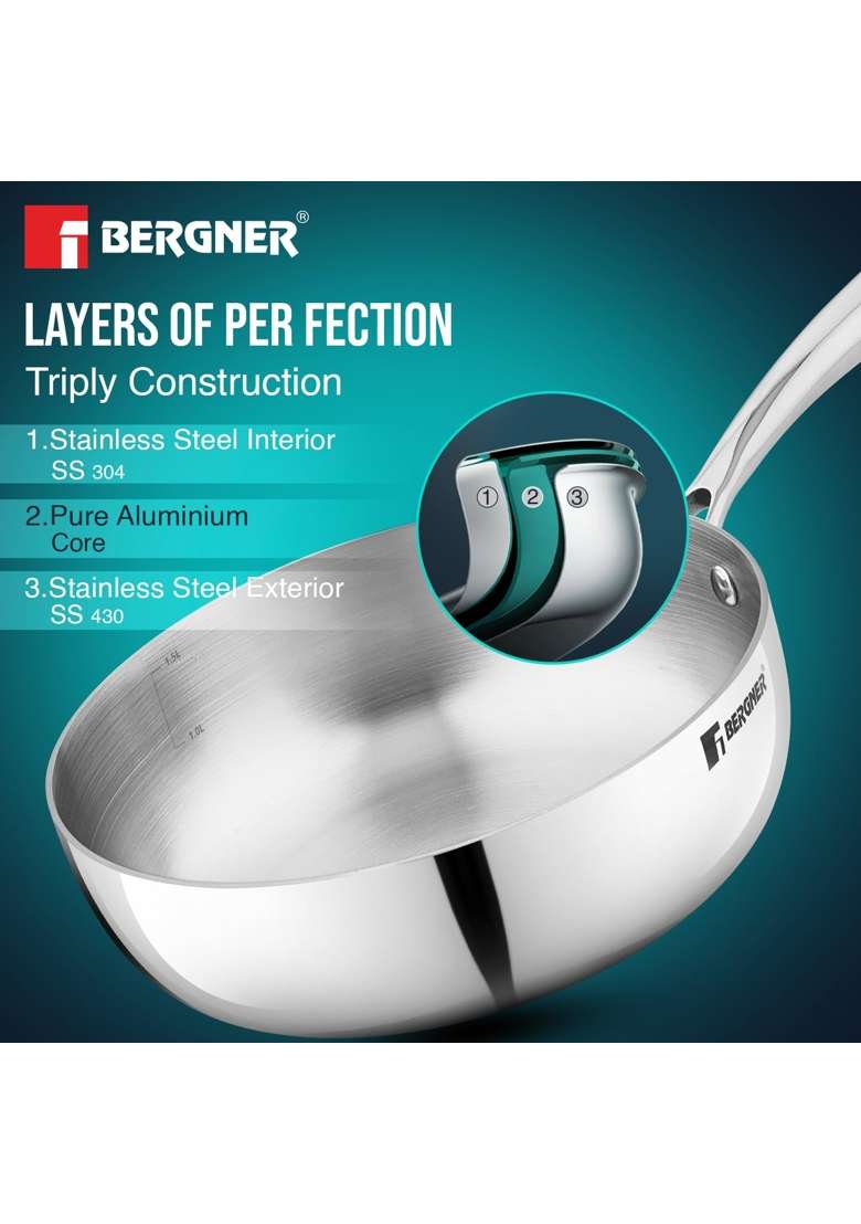 BERGNER Argent Saira Triply Stainless Steel | 1.5 L | 1.6 Qt | 18 cm | 7.1 Inch | Induction Compatible - Indya