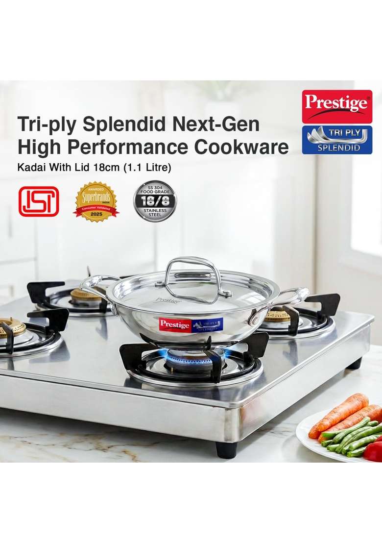 Prestige Tri-Ply Stainless Steel Splendid Kadai Wok with Lid | 1.2 L | 1.3 Qt | 18 cm | 7.1 Inch | Induction Compatible - Indya