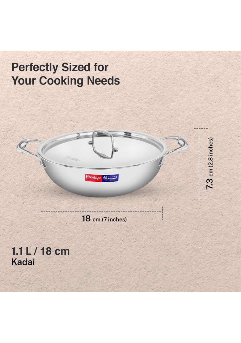 Prestige Tri-Ply Stainless Steel Splendid Kadai Wok with Lid | 1.2 L | 1.3 Qt | 18 cm | 7.1 Inch | Induction Compatible - Indya