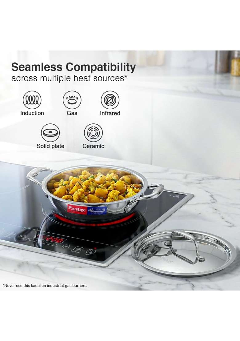 Prestige Tri-Ply Stainless Steel Splendid Kadai Wok with Lid | 1.2 L | 1.3 Qt | 18 cm | 7.1 Inch | Induction Compatible - Indya