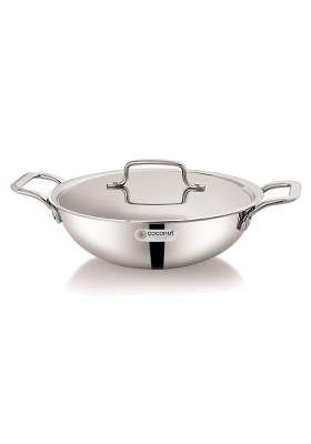 coconut Stainless Steel Fusion Series Triply Kadai Wok with Stainless Steel Lid- 1 Unit | 2000 ml | 67.6 fl oz | 24 cm | 9.4 Inch