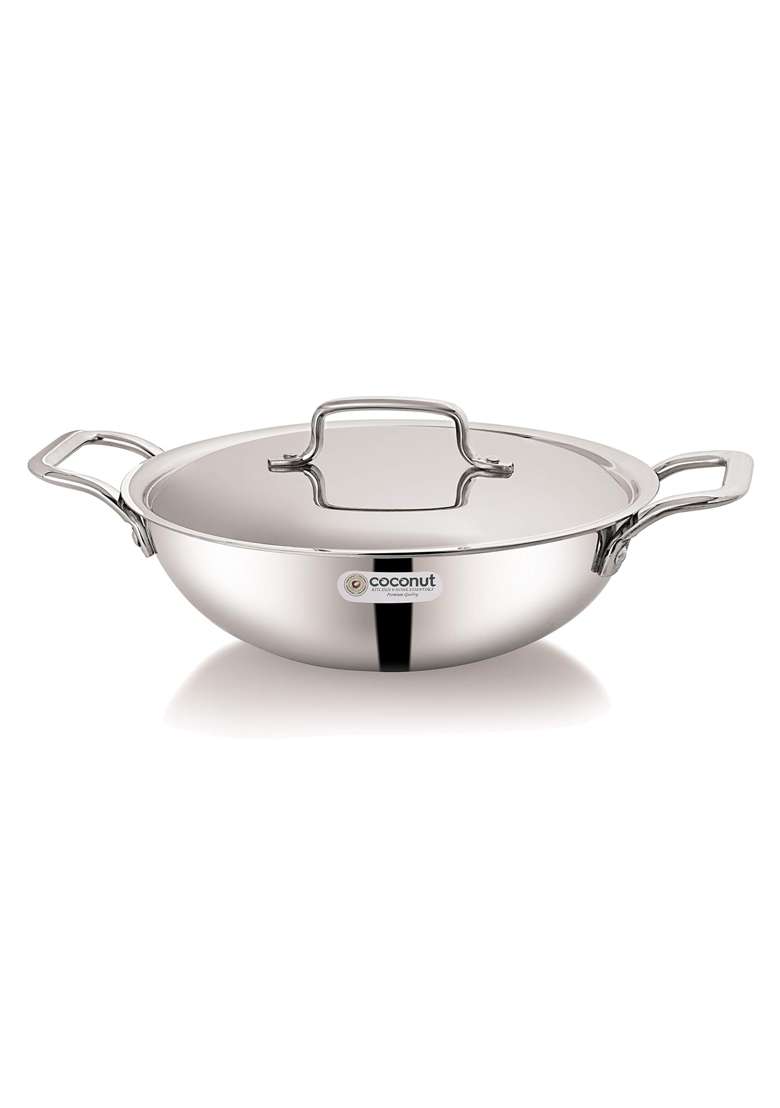 coconut Stainless Steel Fusion Series Triply Kadai Wok with Stainless Steel Lid- 1 Unit | 2000 ml | 67.6 fl oz | 24 cm | 9.4 Inch - Indya