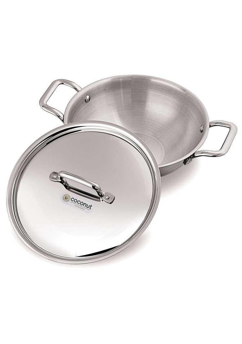 coconut Stainless Steel Fusion Series Triply Kadai Wok with Stainless Steel Lid- 1 Unit | 2000 ml | 67.6 fl oz | 24 cm | 9.4 Inch - Indya